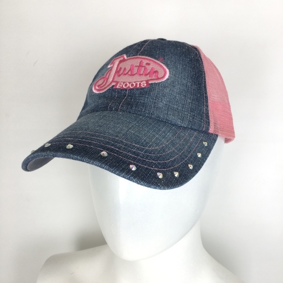 Justin Boots Denim Baseball Hat Pink Mesh Adjustable Back Strap Rhinestone Trim - Picture 1 of 12